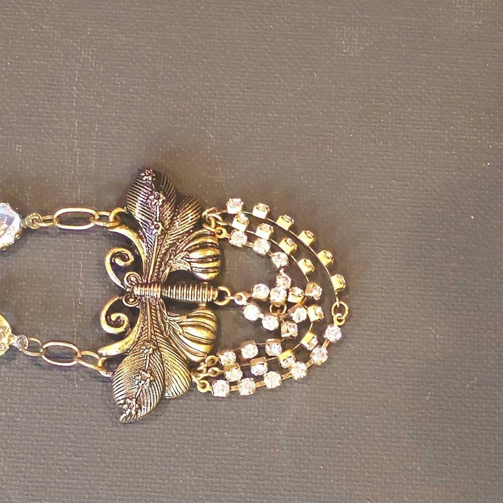 Vintage Style Brass Butterfly Rhinestone Fringe Toggle Necklace Crystal Accents